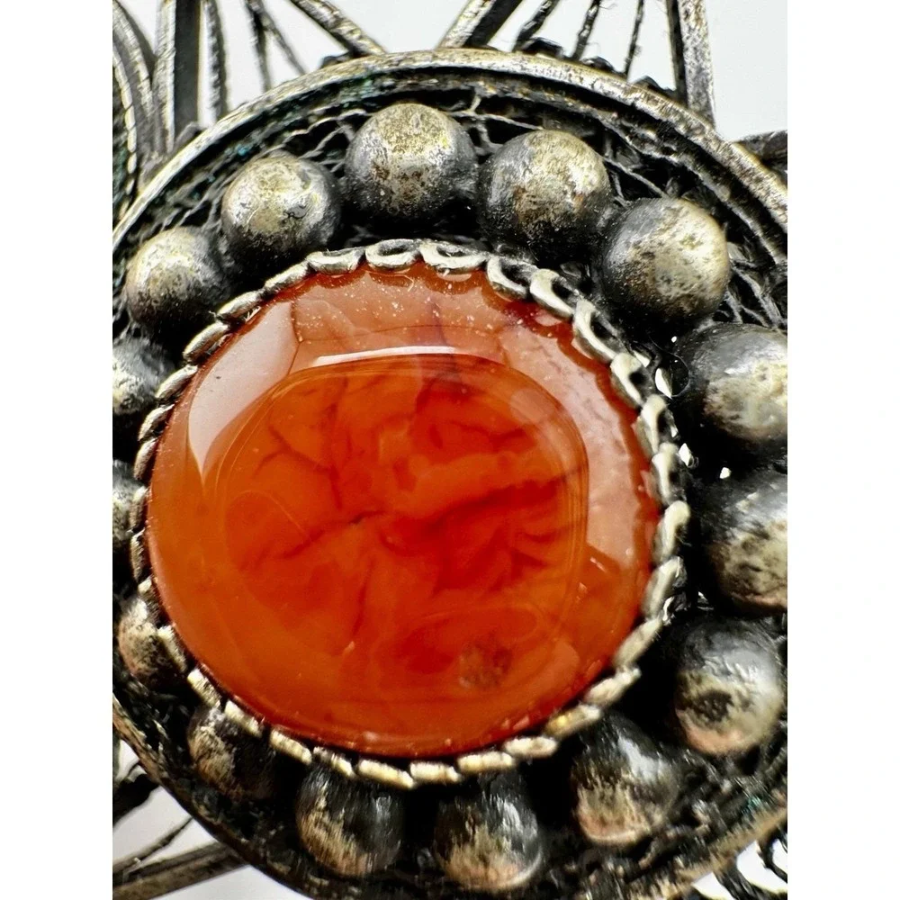 Vintage Egyptian Silver Filigree Carnelian Brooch Pendant Handmade Lotus Jewelry
